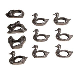 Vintage Shafford Pewter Animal Napkin Rings Set 10 Ducks Rabbit Hen Pig